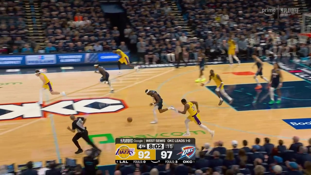SGA gets fouled hard by Austin Reaves and LeBron comes down hard and seems to be grabbing his wristhand