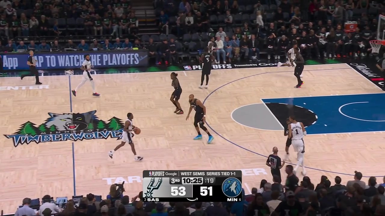 Victor Wembanyama gives a shout towards the ref after he cannot believe there was no foul call as Jaden McDaniels grabs himThe Timberwolves kindly turn the ball over and Castle hits a 3