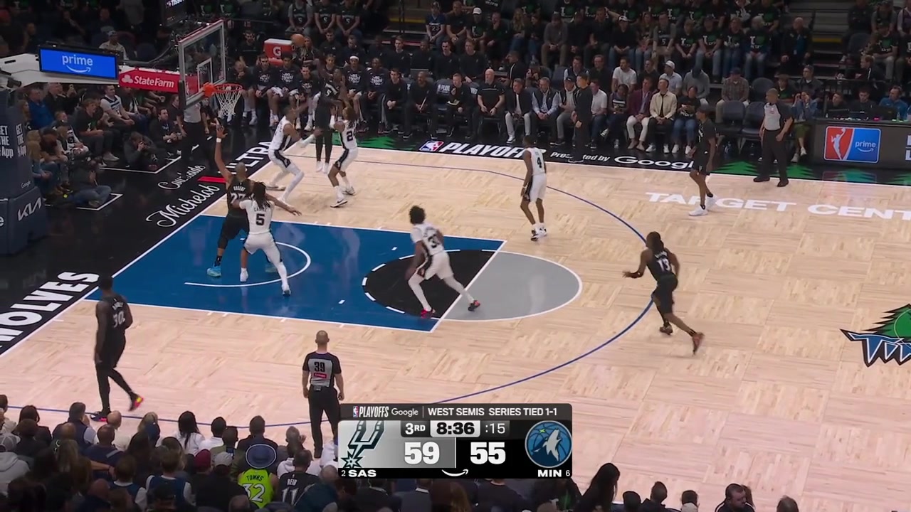 Julius Randle extends his arm on Victor Wembanyama and gets called for his 4th personal foulWemby who fell on the ground gets up with a big smile with replays