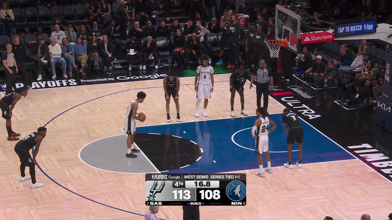 The final moments of game 3 as Dylan Harper makes two free throws to seal the win and Jaden McDaniels bricks a 3-point attemptThe Spurs win game 3 and go up 2-1 in the seriesIncluding postgame interview on the court with De'Aaron Fox