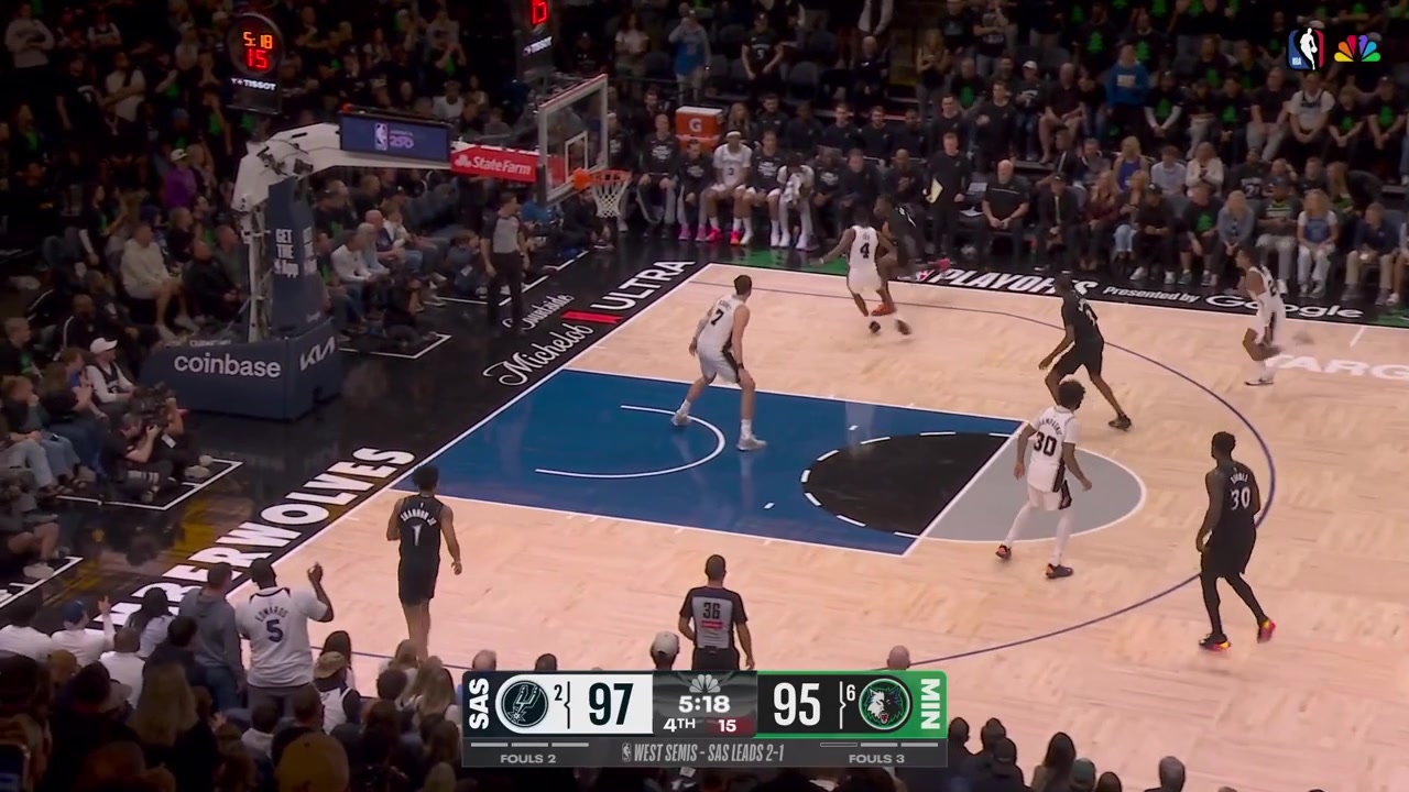 Anthony Edwards hits a big clutch 3 taps the Spurs' head coach Mitch Johnson and then heads to inhale some oxygen before the game resumes from the timeout