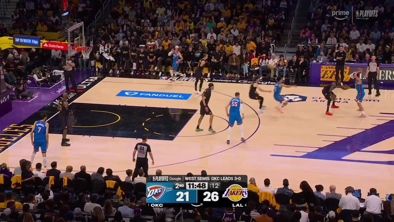 Ajay Mitchell finds Alex Caruso for three on consecutive possessions followed by an Ajay Mitchell pick-6 to force a Lakers timeout as the Thunder start the 2nd quarter on an 8-0 run