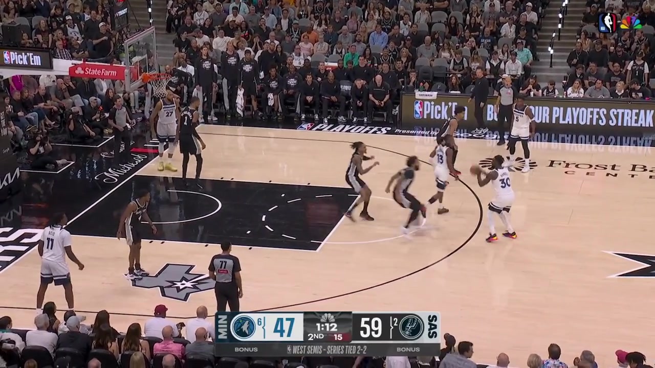 Victor Wembanyama and Julian Champagnie block Rudy Gobert's two-handed dunk attempt with a replay
