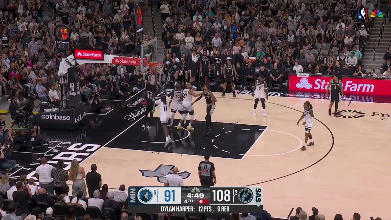 Victor Wembanyama palms the ball with his hand ball fakes Rudy Gobert who is searching for it and Wemby finds Julian Champagnie for the easy 2 under the rim with a replay