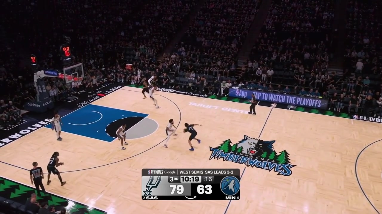 Victor Wembanyama blocks Rudy Gobert under the rim despite falling for the first pump fake and shortly after grabs a rebound and scores the lefty layup over Gobert at the other end with replays Timberwolves timeout