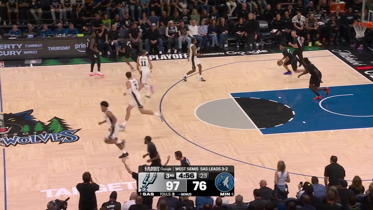 TSJ misses the layup on Luke Kornet who scores a layup of his own at the other endJaden McDaniels misses the dunk attempt on Kornet and De'Aaron Fox hits the wide open 3McDaniels misses the floater and Devin Vassell scores the layup to put the Spurs up 28 points Wolves timeout