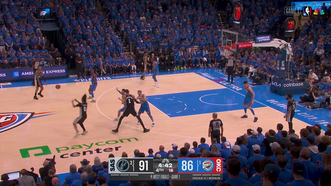 Castle goes for the decel layup over Ajay but Caruso catches on and spikes the shot out of bounds
