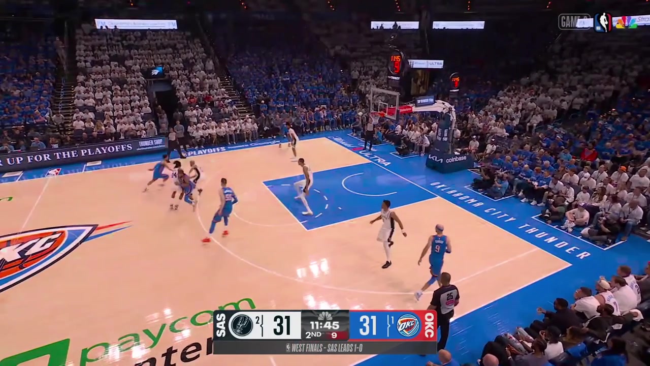 Alex Caruso drives and draws Victor Wembanyama's second foul early in the 2nd quarter as Hartenstein grabs Wemby's arm with replays