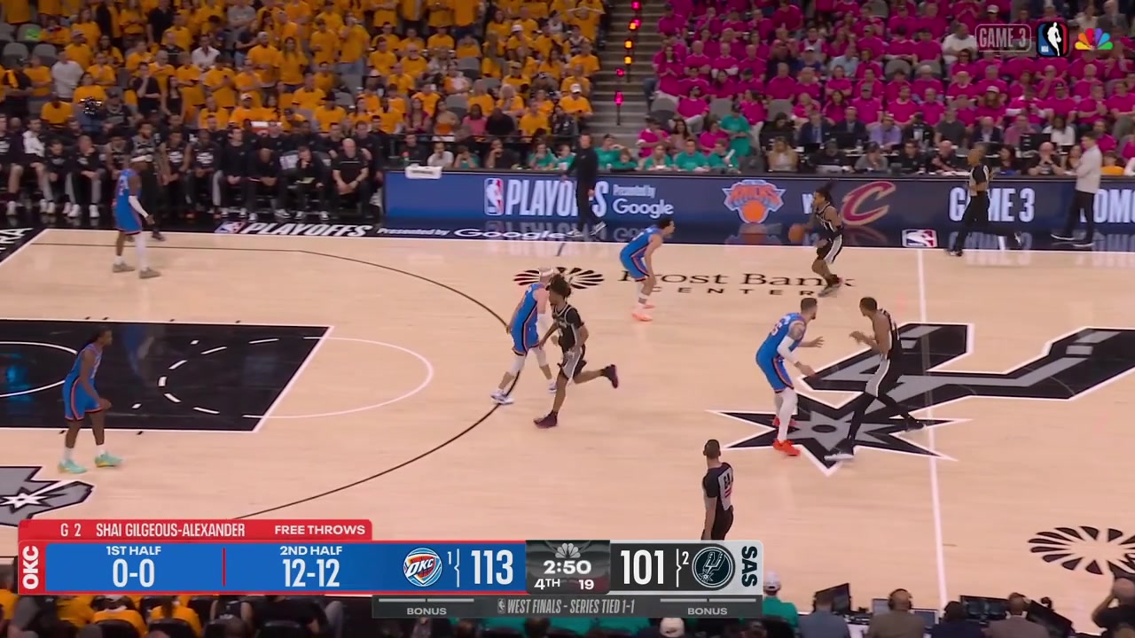 Victor Wembanyama banks in the driving shot and then holds his leg after an awkward landing with a replay26 Points for Wemby