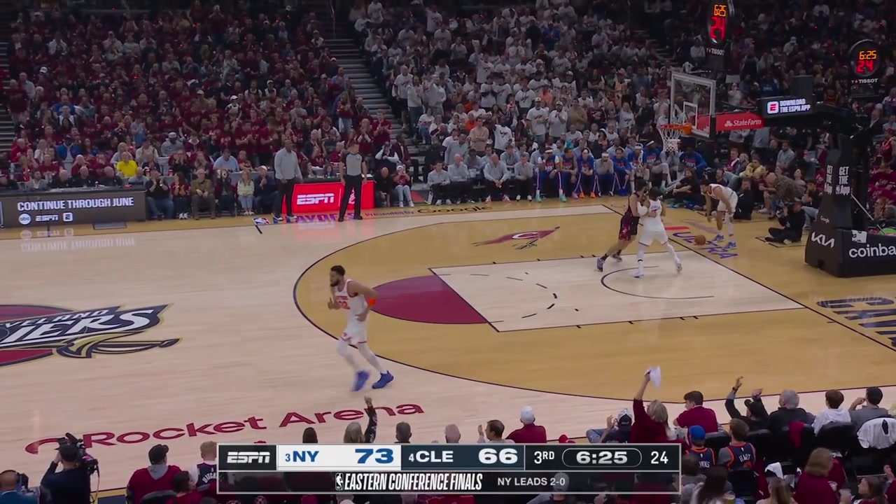 Mikal Bridges goes coast to coast and scores the easy layup after a give-and-go with Karl-Anthony Towns giving him 18 points in the game with a replay