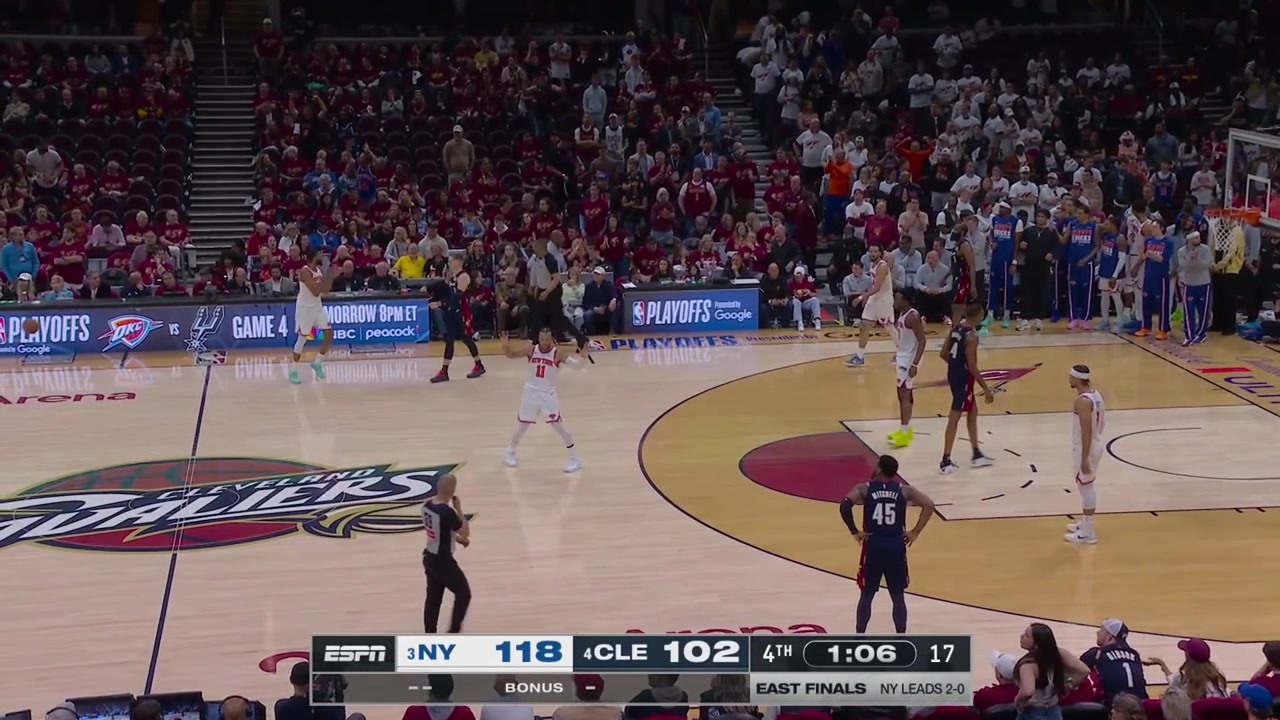 Knicks fans in Cleveland start chating 'Lets go Knicks' as some Cavaliers fans seem to enjoy the sceneMax Strus hits the 3-pointer And-1 and Hart's foul is upgraded to a flagrant-1 upon reviewYou get 2 to make 1 that is Mitchell Robinson's dream
