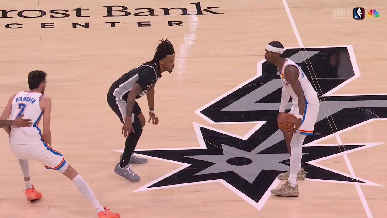 Replays of San Antonio Spurs defense on Shai Gilgeous-Alexander who is struggling in Game 6As shown by the NBC broadcast