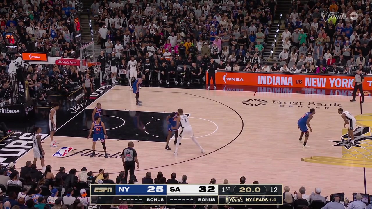 Victor Wembanyama drops Mitchell Robinson with the pump fake and drive as he scores the layup through contact with a replayJalen Brunson misses the 3-pointer at the end of the 1st quarter