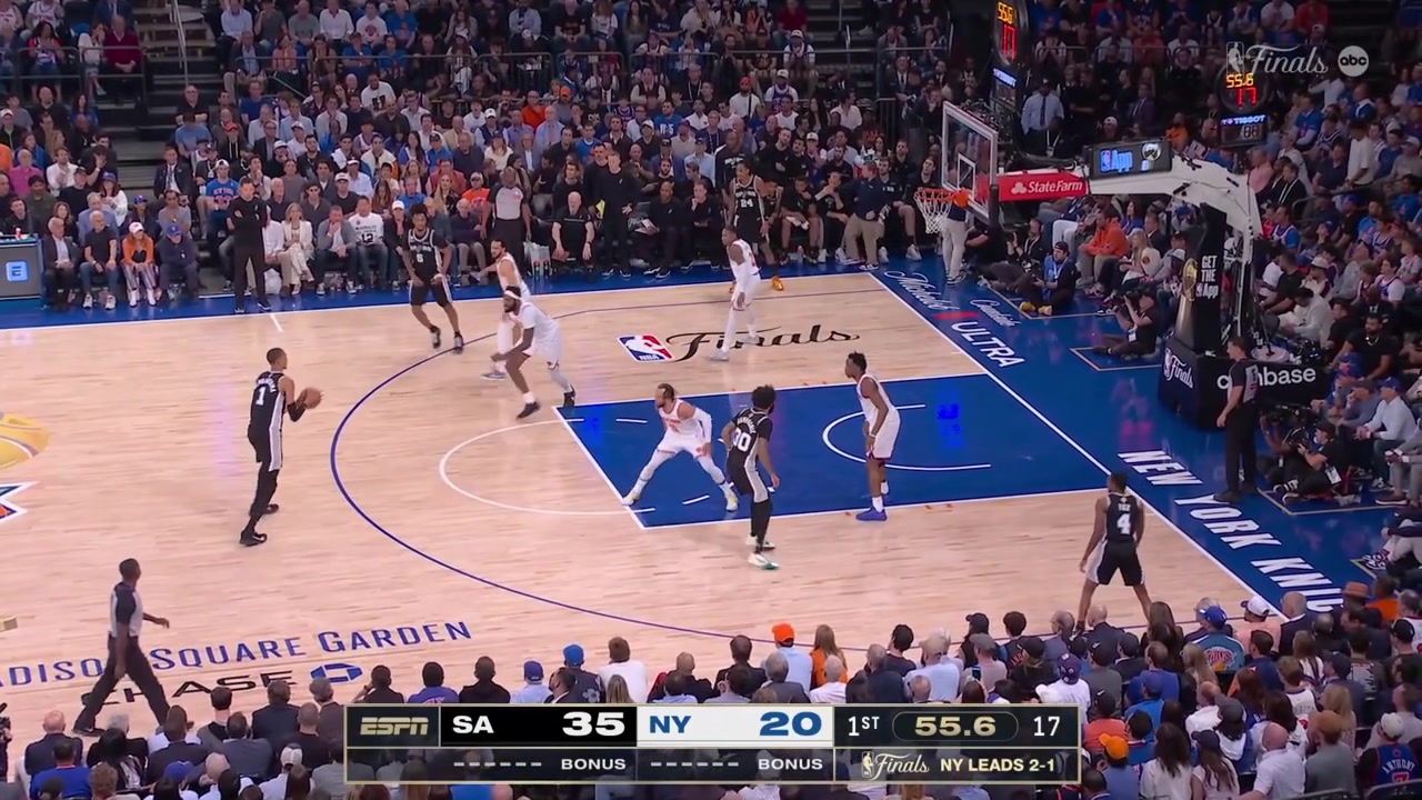 Victor Wembanyama banks in the tough shot over Mitchell Robinson tells him I'm in your head and then draws the charging foul from Robinson who sends his forearm to the face of WembyWembanyama then keeps pointing on his own head keeps trash talking Robinson