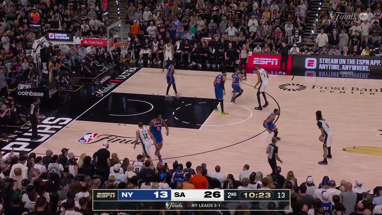 Karl-Anthony Towns blocks Stephon Castle and then OG Anunoby blocks Castle forcing a 24-second violation on the Spurs with a replay