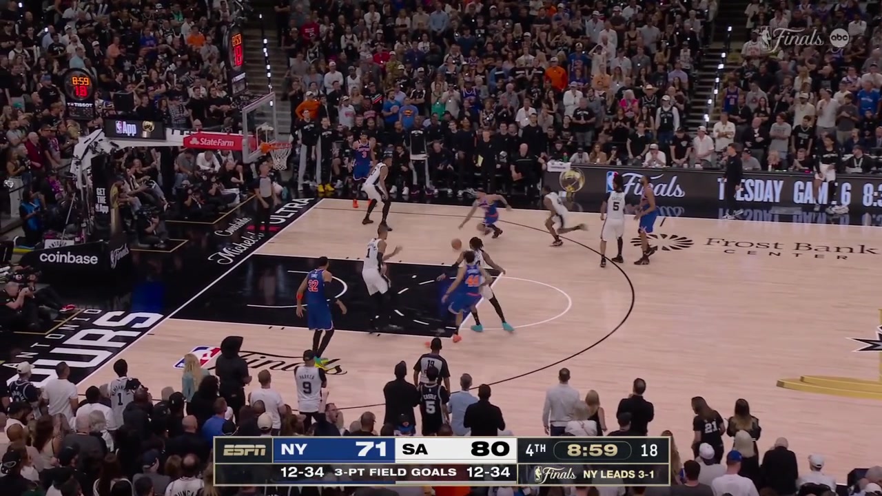 Josh Hart is called for his 3rd foul after swiping hitting the ball but also getting some of Stephon Castle with replaysThe challenge by the Knicks was not successful Castle splits the free throws
