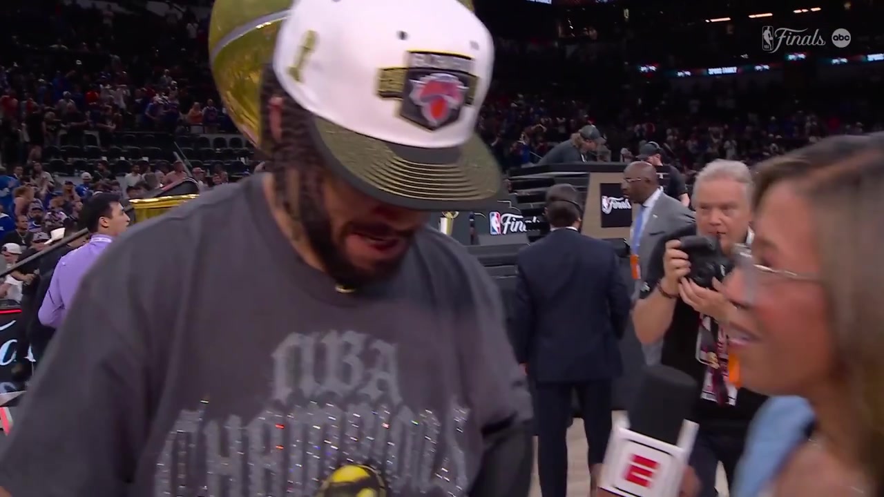 Jalen Brunson postgame interview on the court after the Knicks won game 5 and the championshipHe struggles to say anything as his emotions run high