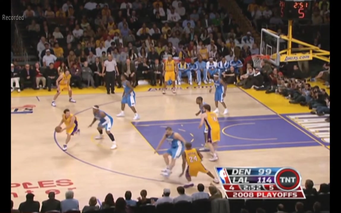 Kobe cooks Denver for 49 points 10 assists in Game 2 of the 2008 Playoffs as him and JR Smith get into it late in the game