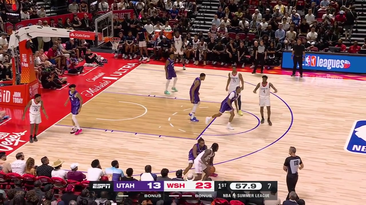 AJ Dybantsa drives and soars between 4 Jazz defenders and dunks it with force with replaysHe also get fouled shortly after on the drive