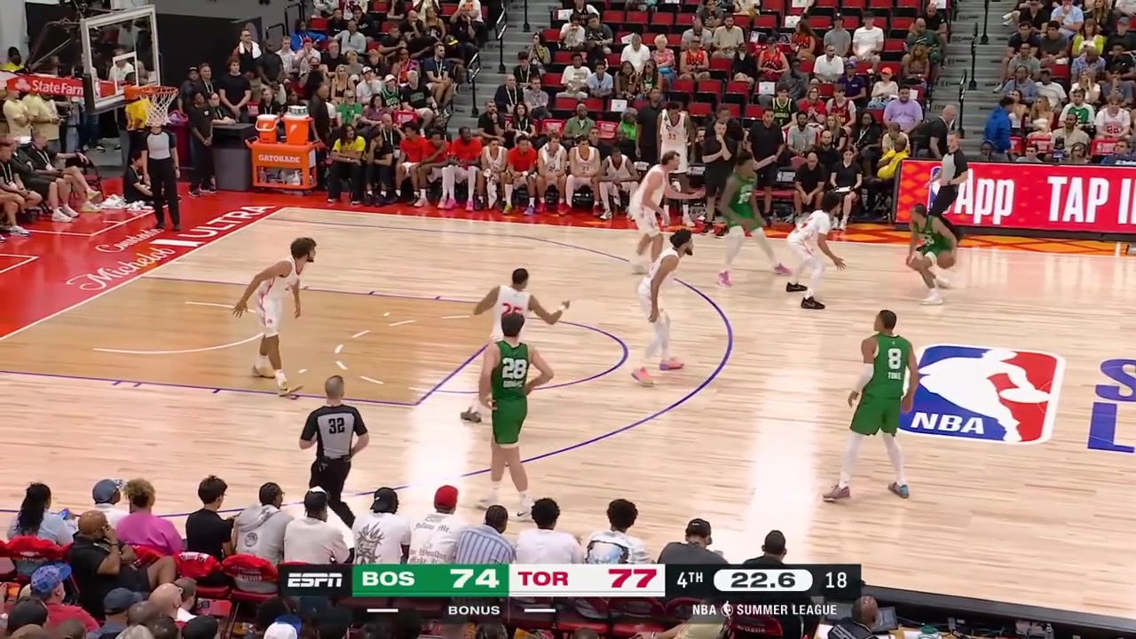 The rookie Christopher Cenac Jr hits the game-tying 3-pointer to send the game to overtime with a replayThe Raptors bench complains for several violations - fouls travels and over the back - but the refs ignored themChucky Hepburn airballs the potential game-winner