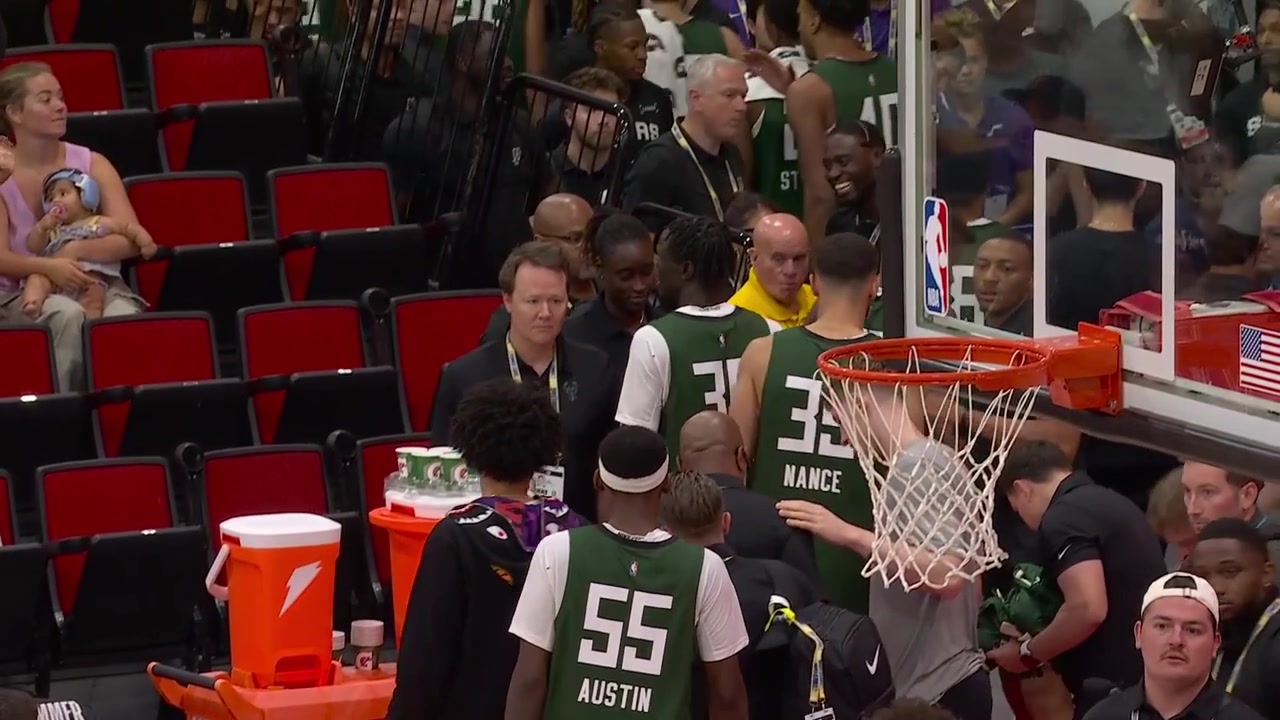 Boopie Miller and Nate Ament postgame interview on the court after the Bucks' first win
