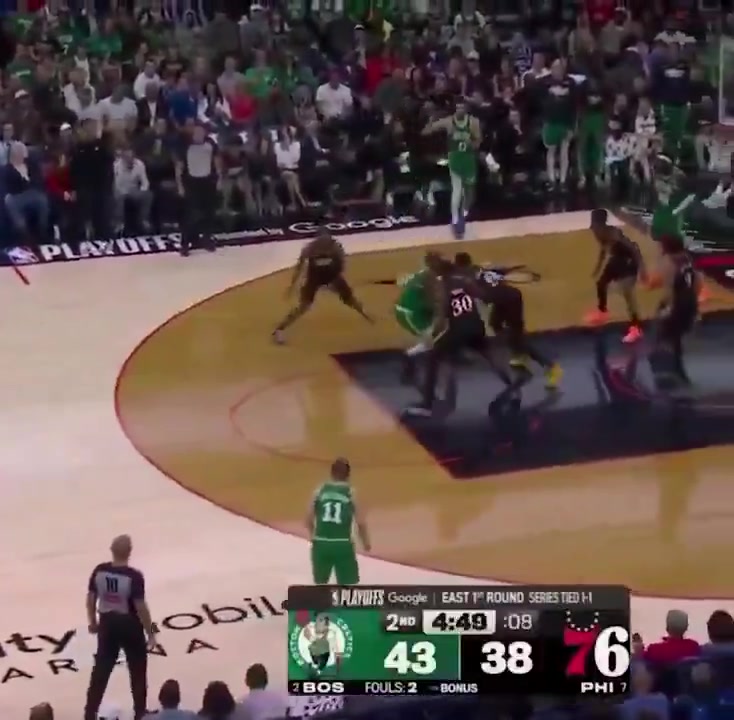 Jaylen Brown ignores a wide open Tatum to shoot an off balance heavily contested midrange while being double teamed