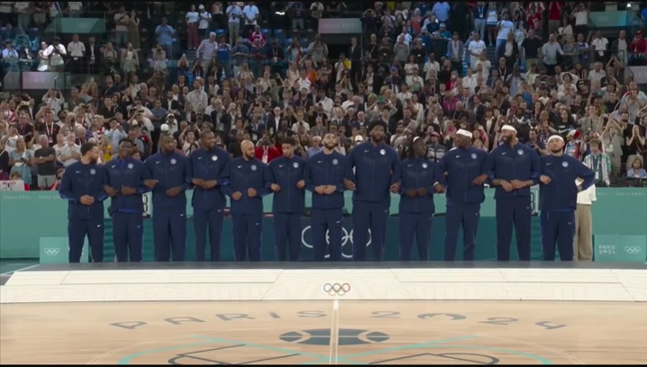 Steph Curry Anthony Edwards LeBron James Kevin Durant and Derrick White receive their gold medals