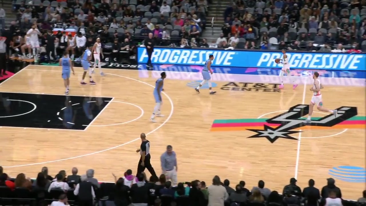 Doug McDermott pulls off his practice jersey and spots up in the corner during the middle of play after the Spurs start the 4th quarter with only 4 players on the court