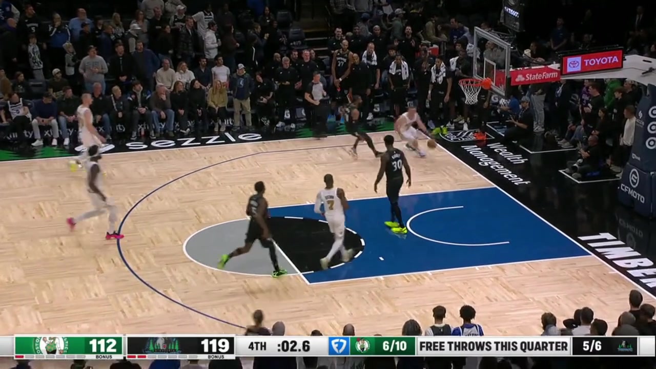Sam Hauser hits the last three-pointer of the game but it isn't enough as the Celtics lose 115-119 to the Timberwolves