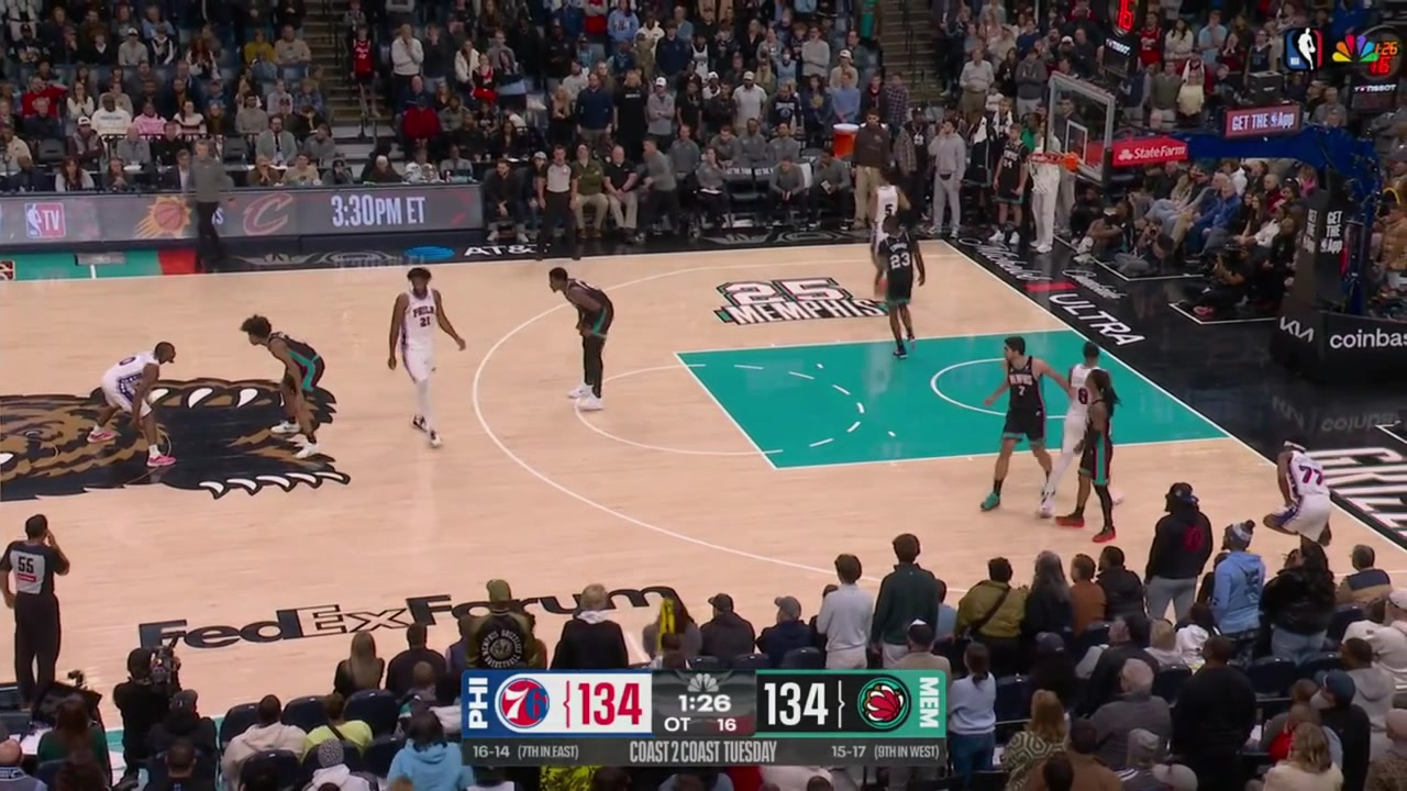 Joel Embiid with the midrange jumper over Jaren Jackson Jr to give the 76ers the lead with 89 seconds remaining overtime