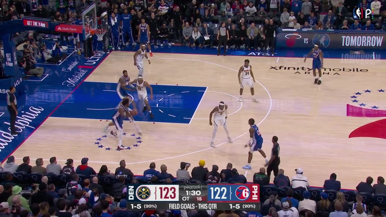 Paul George with a shovel pass to VJ Edgecombe who explodes down the lane for the dunk