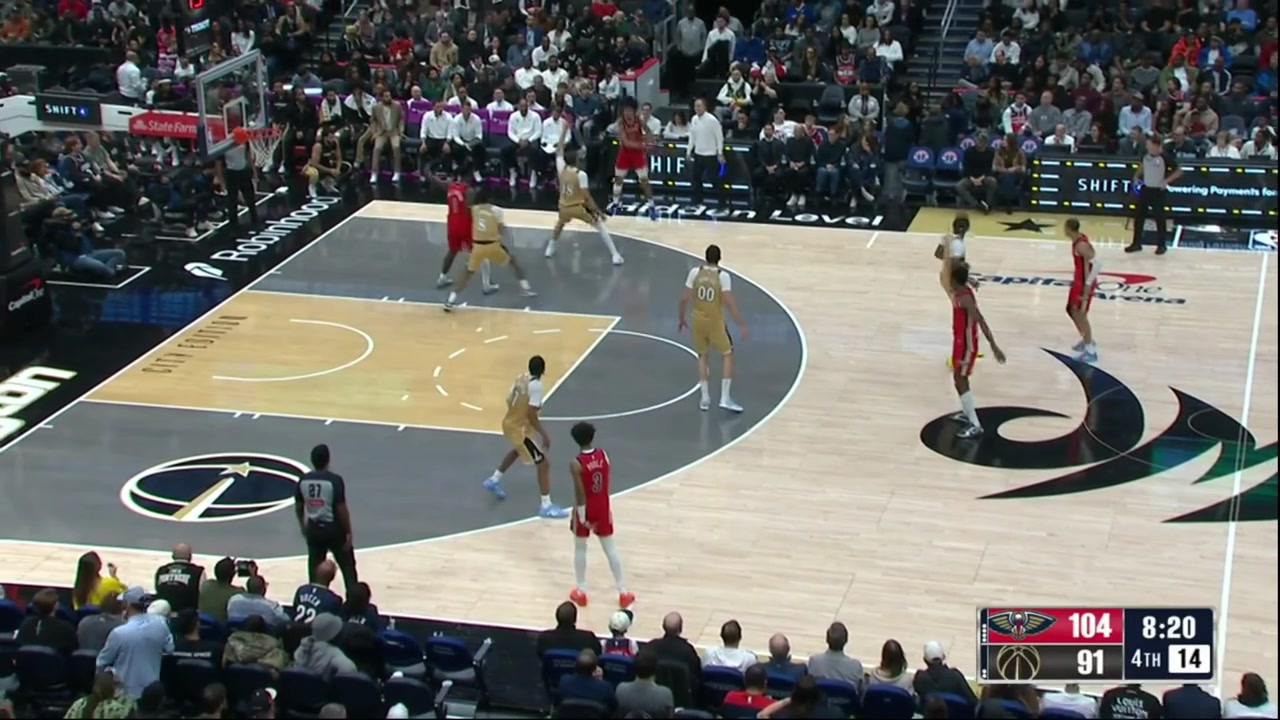 Vukcevic absolutely stuffs Peavey at the rim leading to a Wizards three and Pelicans timeout