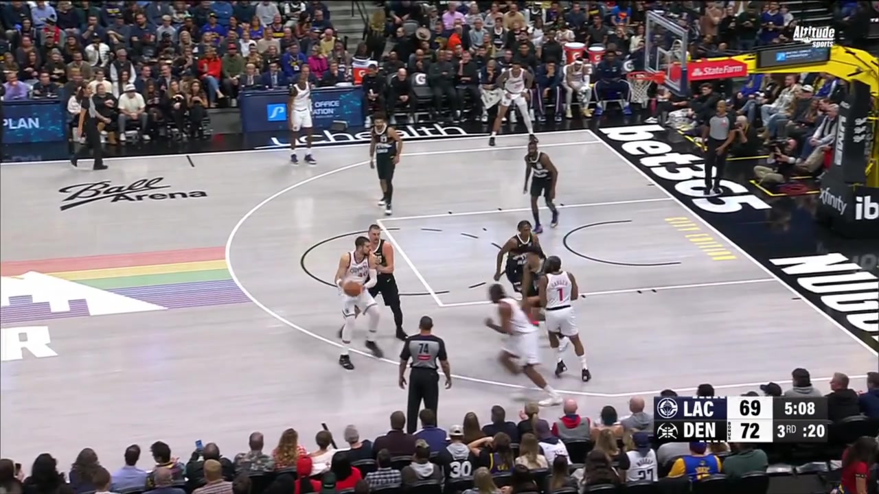 Two-way player Spencer Jones shows incredible hustle sprinting the length of the court to beat James Harden for a loose ball then dishes to Peyton Watson who finishes off the glass