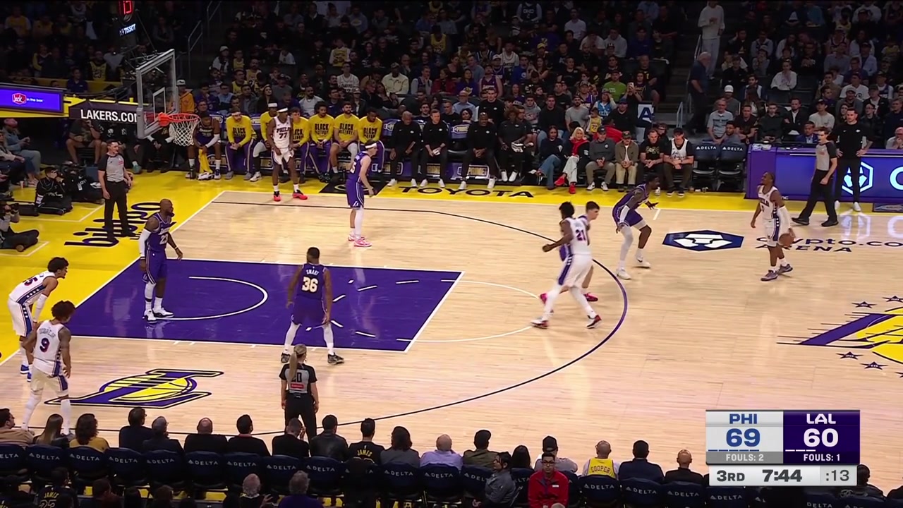Embiid makes a wild shot baiting the foul call and the entire bench joins in on taunting the Lakers home crowd