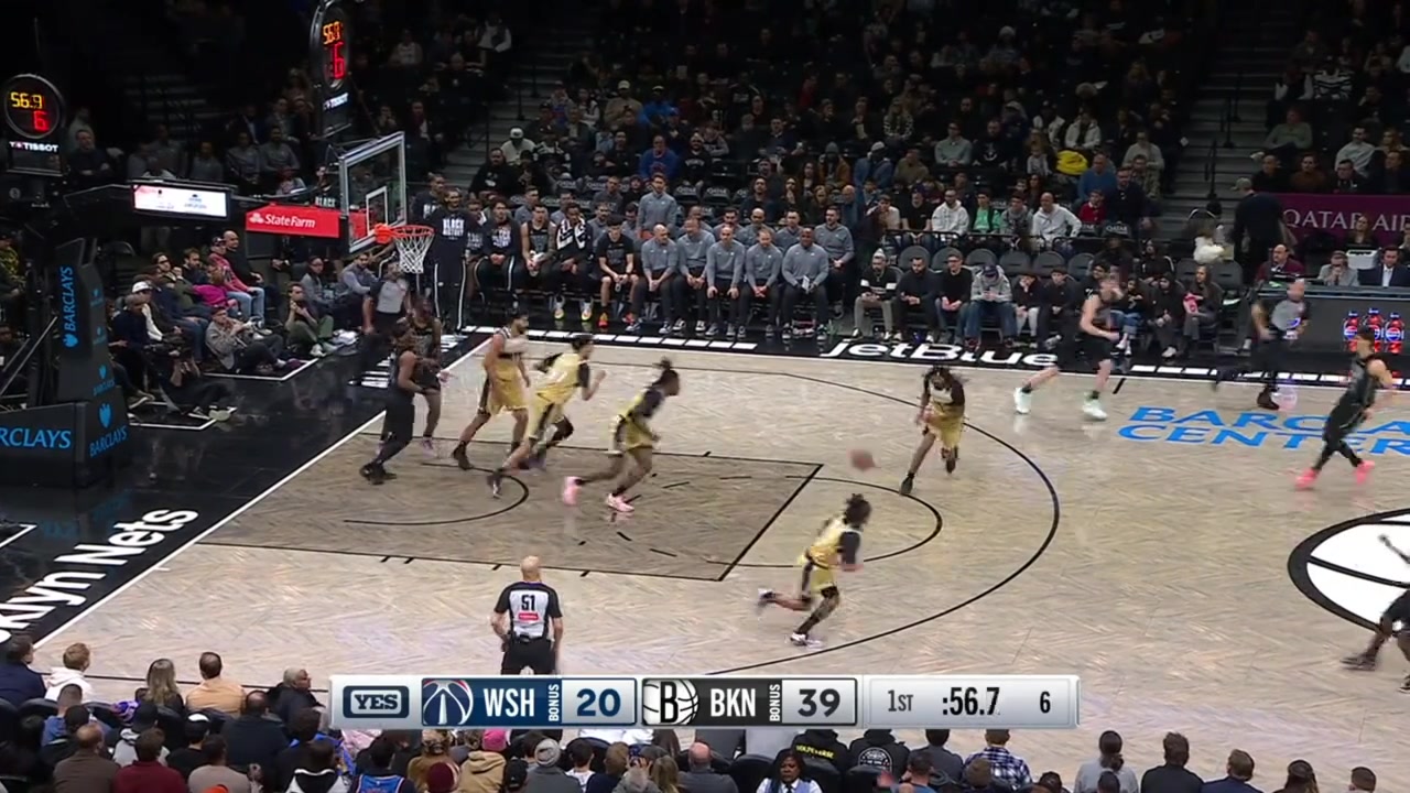 Danny Wolf with the steal and then finds Mann for the fastbreak layup Ben Saraf finds Day'Ron Sharpe for the turnaround jumper and Sharpe steals the ball and finds Wolf for the 3-pointer at the end of the 1st quarterThe Nets are score 46 points in the 1st quarter leading by 26