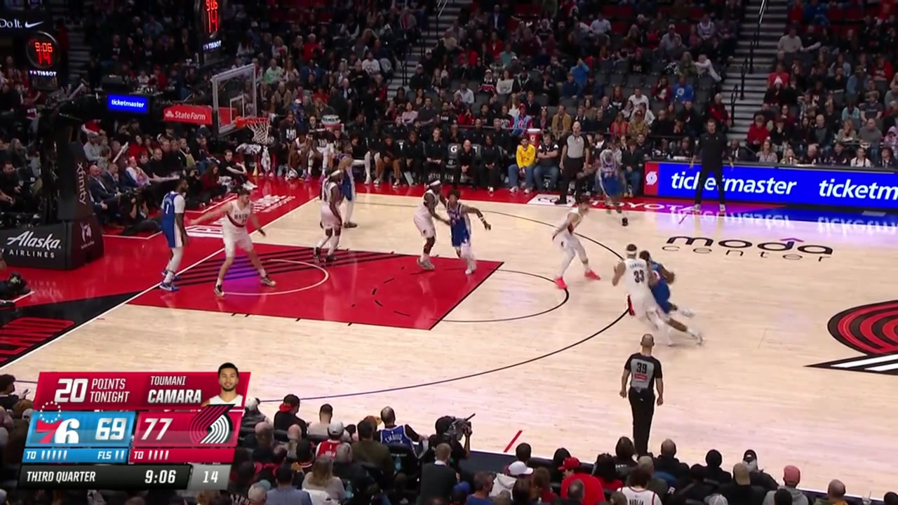 Deni Avdija scores the fastbreak layup And-1 off an assist by Camara misses the free throw gets the rebound and makes the wide open 3 to give him 5 points in a single possession and 20 points in the game
