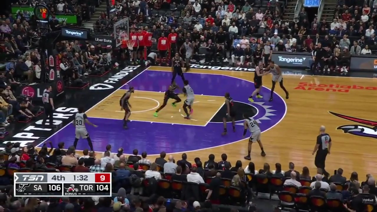 A clutch sequence - De'Aaron Fox makes the floater from behind the backboard Scottie Barnes snatches the ball from Fox and growls at him and Victor Wembanyama blocks Poeltl with replays Raptors and Spurs commentaries