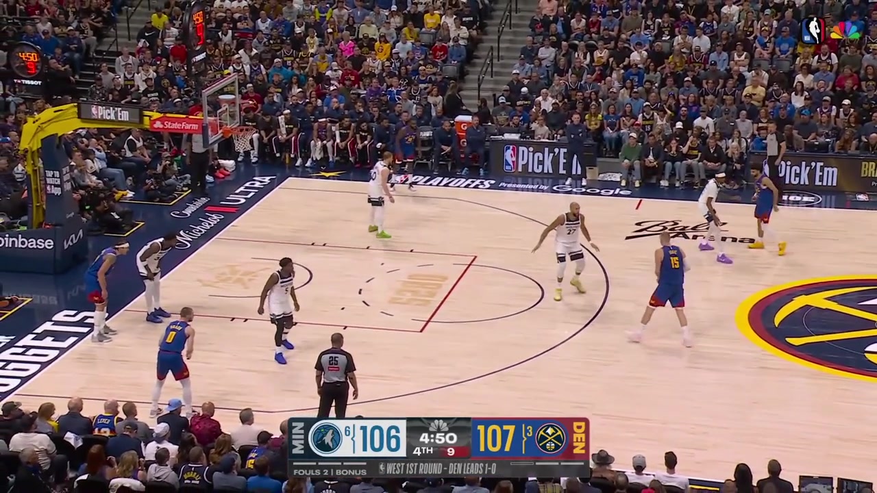 Nikola Jokic fails to score on Rudy Gobert in back to back possessions and in both cases the Timberwolves score on the fastbreak at the other end giving them the lead and then extend it to 3 in the clutch