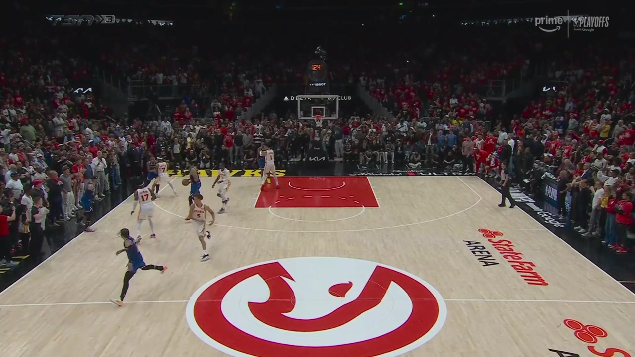 On the final possession Jalen Brunson gets trapped and throws an errant pass to Josh Hart but Jonathan Kuminga beats him to the ball snags the steal and seals the game for Atlanta