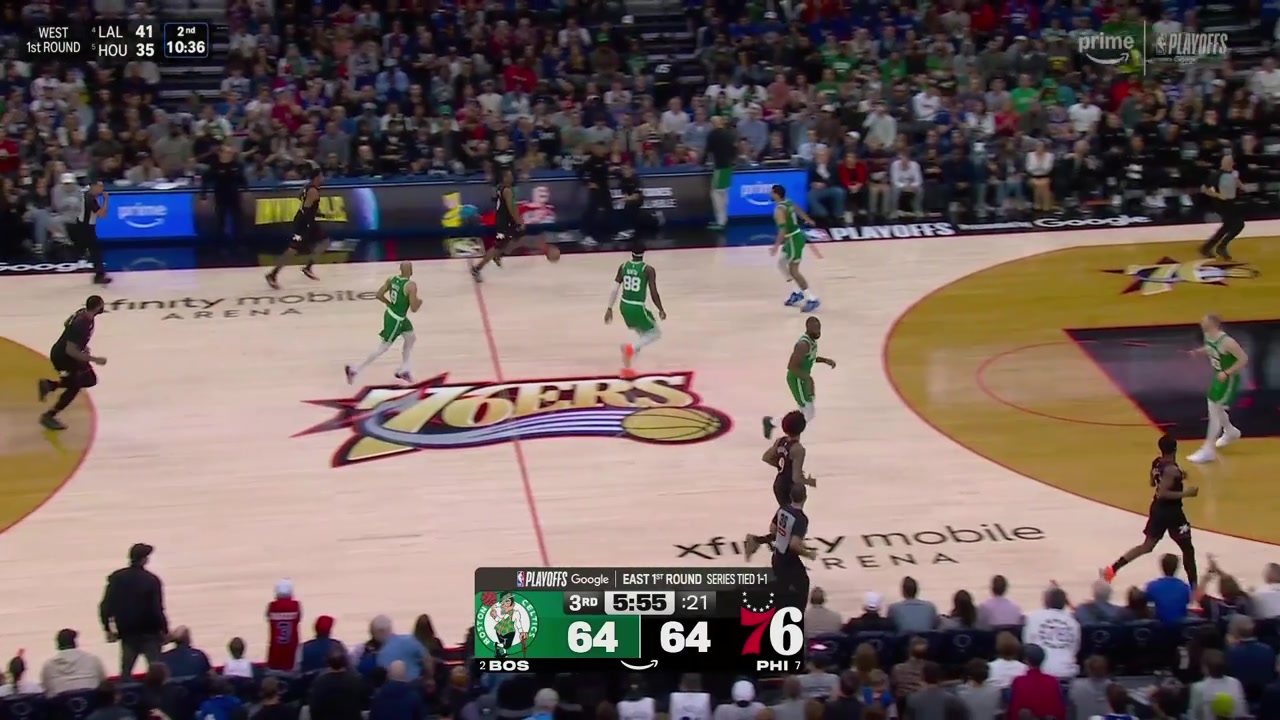 Tyrese Maxey steps back to hit a 3 over Tatum to give Philly a lead