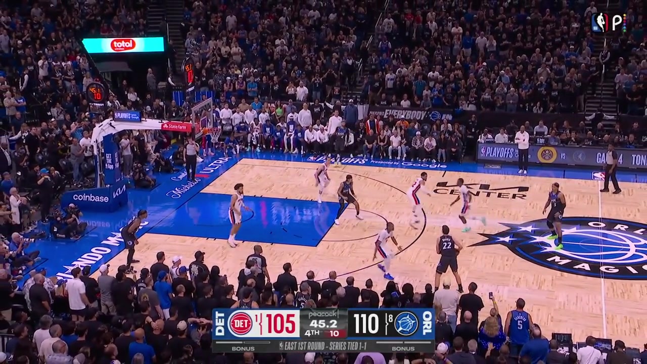 Paolo Banchero's clutch 3-point attempt hits the back of the rim goes up high in the air and sinks in putting hte Maigc up 8 with 388 seconds remaining in regulation with a replayBanchero thanks the heavens