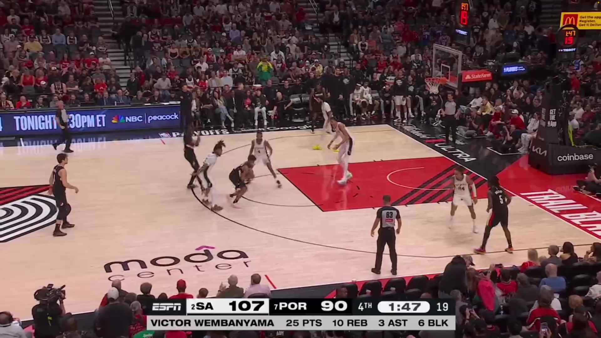 Wemby gets his 7th block of the night on Avdija and gets fouled on the other end by Avdija as he checks out for the night