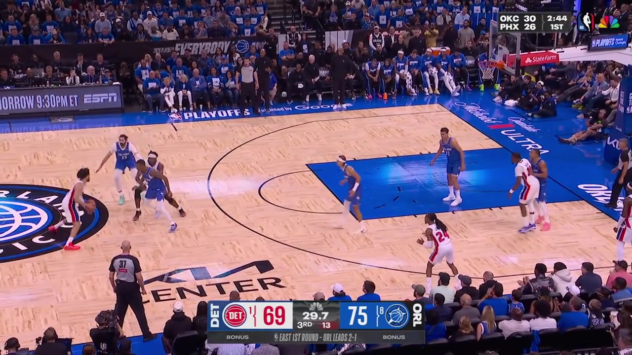 Goga Bitadze with a chasedown block on Cade Cunningham with a replay