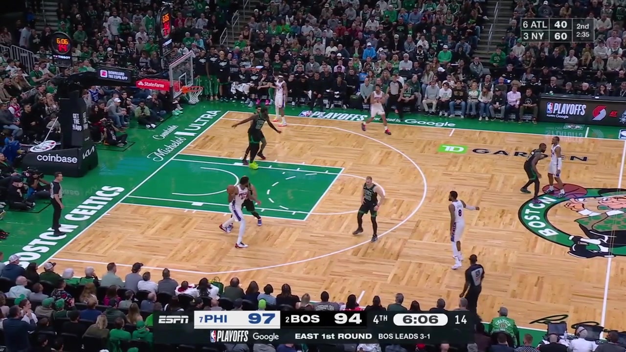 Quentin Grimes the corner 3 then continues with an excellent defense on Jaylen Brown and Joel Embiid hits the jumper to put the Sixers up 8 with 516 minutes remaining in regulation with replays