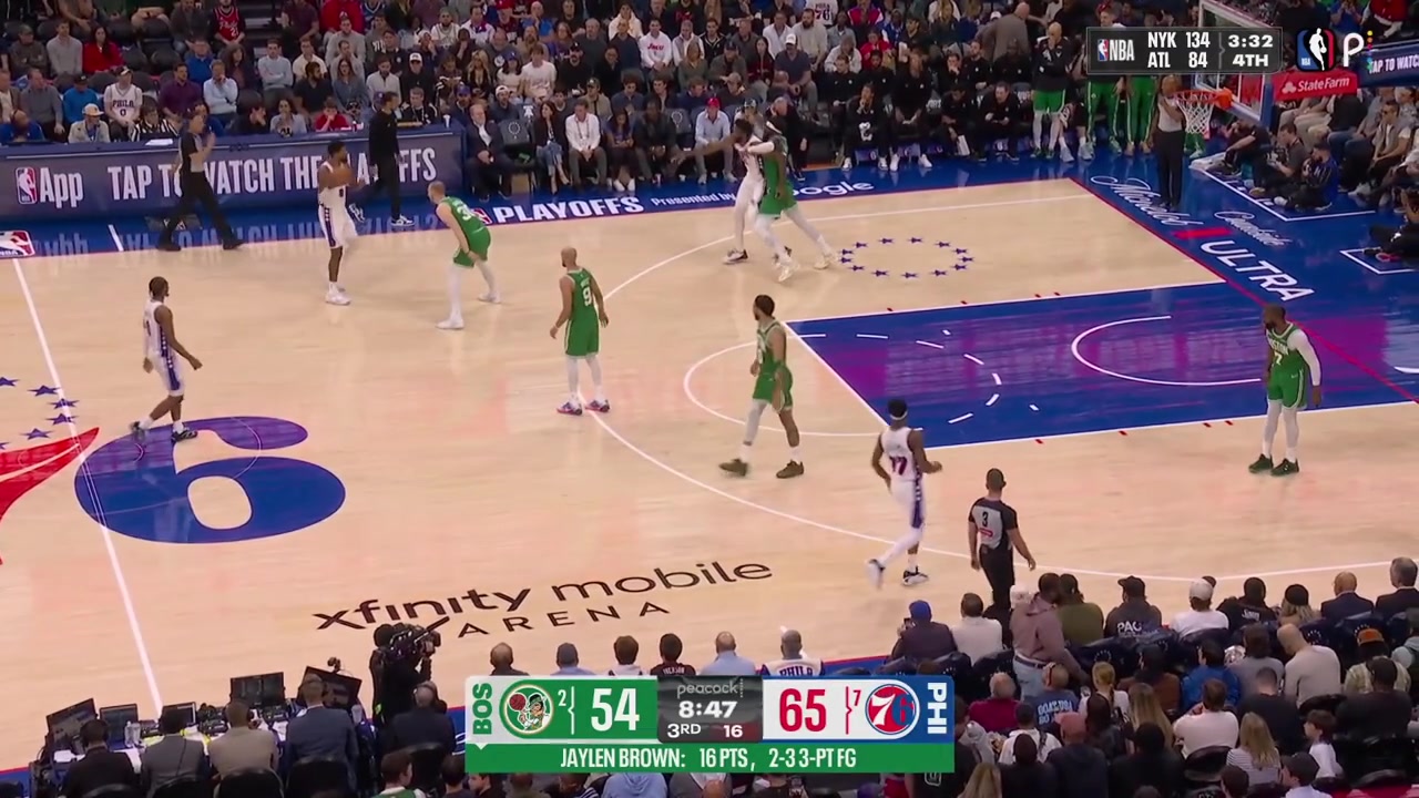 Joel Embiid with the behind the back dime to Kelly Oubre Jr for the cutting dunk Oubre then blocks Jaylen Brown at the other end and Paul George with the behind the back pass to VJ Edgecombe for the fastbreak dunk with replaysCeltics timeout