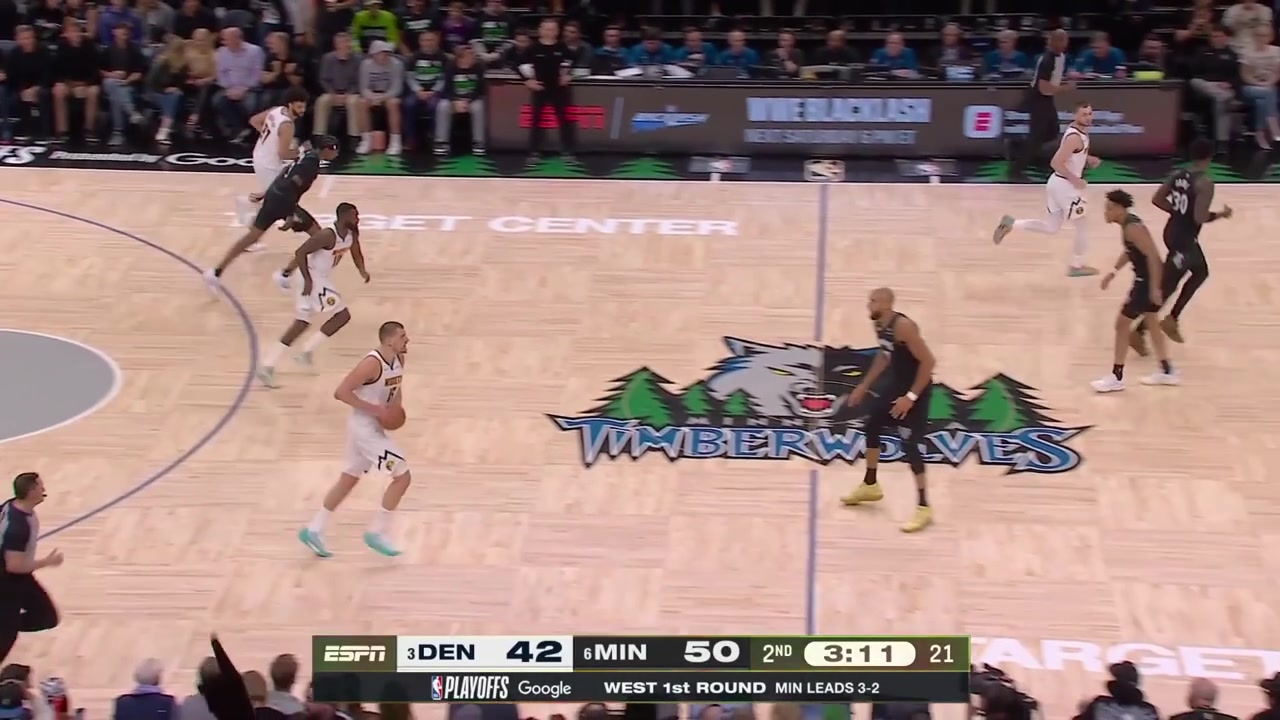 Nikola Jokic drives by Rudy Gobert and scores the layup and Julius Randle hits the corner 3 over Jokic off the jab step at the other end