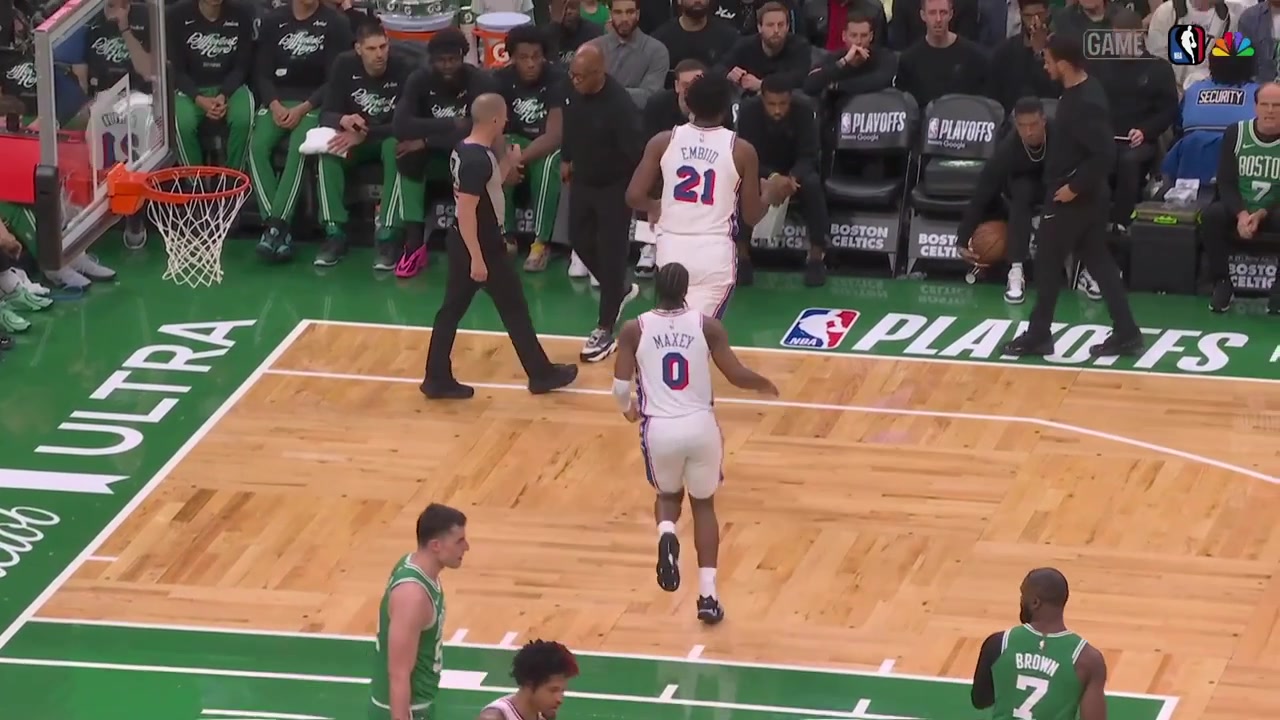 One of the Celtics' staff members refuses to give away the ball to Joel Embiid and is called for 'delay of game'