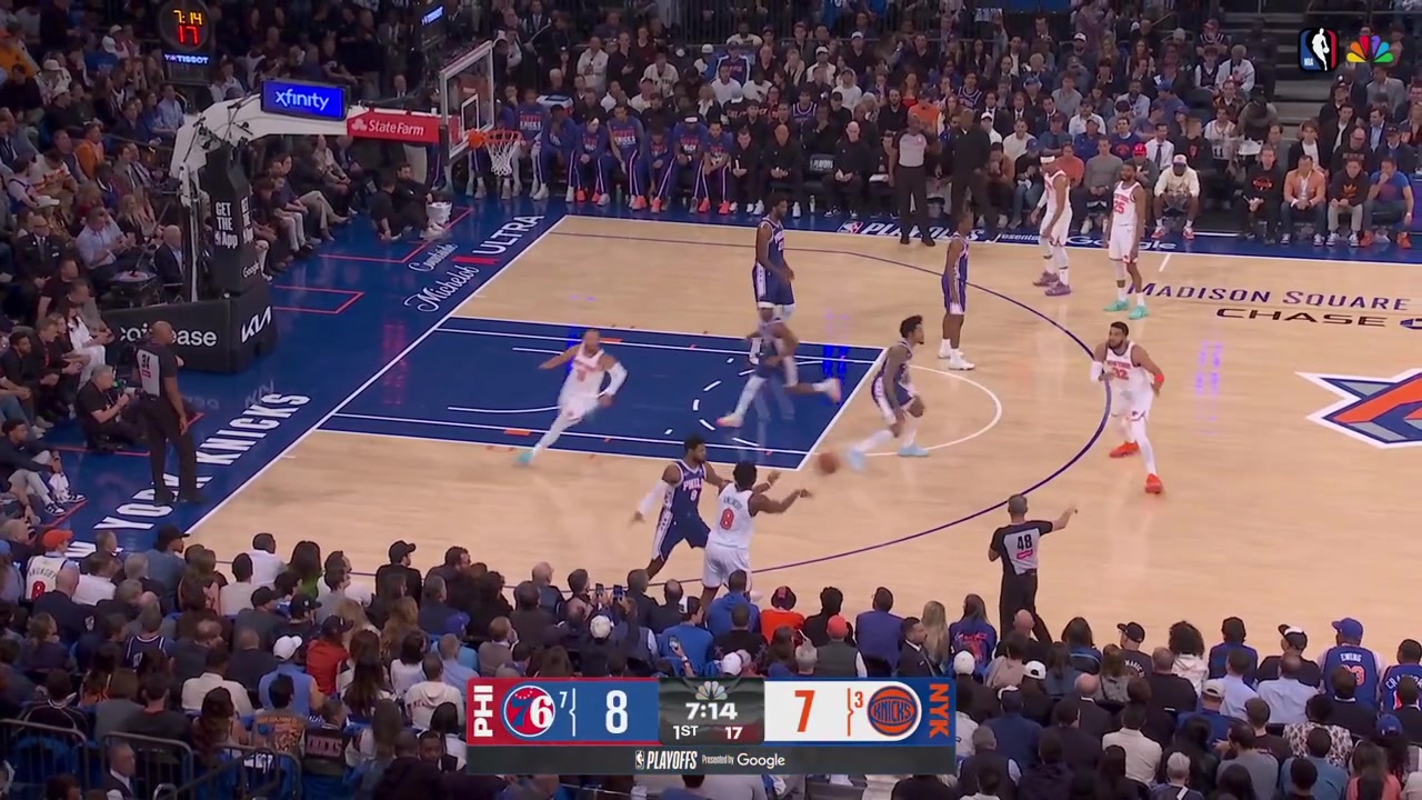 Jalen Brunson scores the And-1 jumper foul on VJ Edgecombe with replays