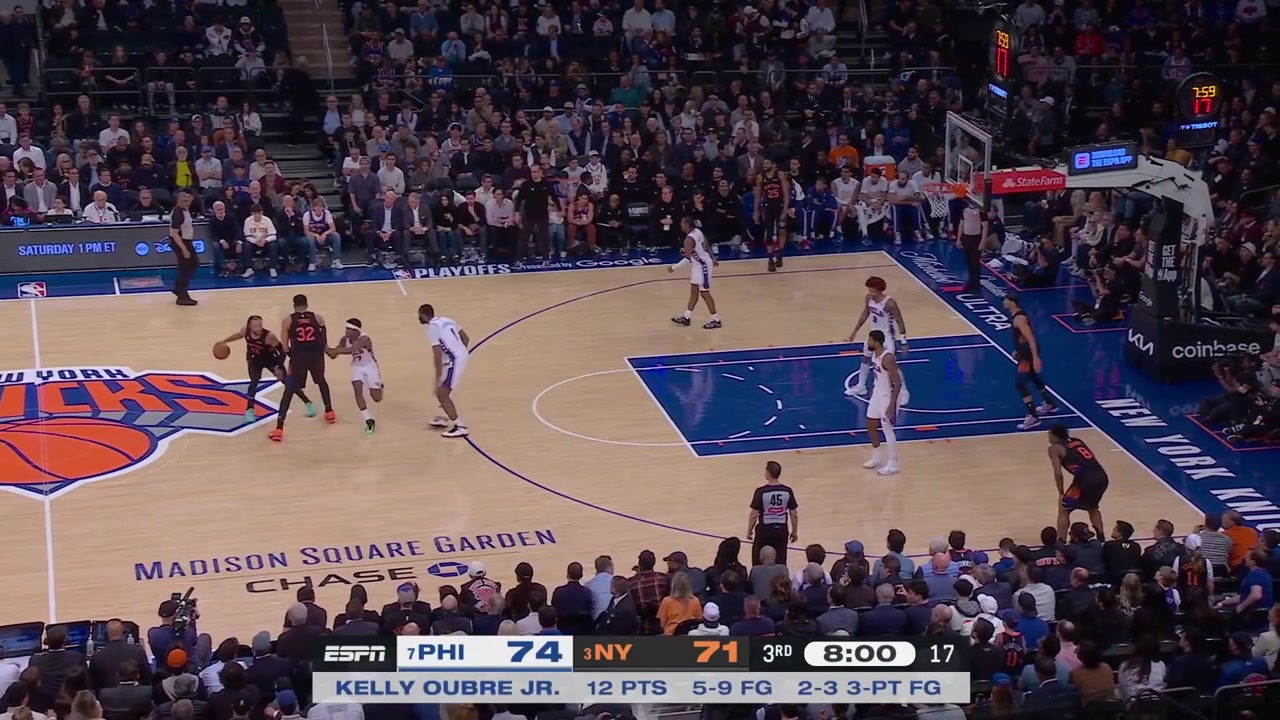Andre Drummond gets called for his 4th personal foul The ball gets stuck behind the backboard Maxey gives him the mop to rescue the ball but Drummond fails over and over again to rescue the ballKarl-Anthony Towns takes the mop from him and rescues the ball on his first try and receives cheers
