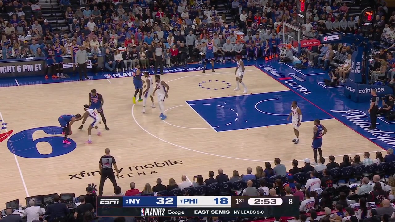 Jalen Brunson hits the pullup 3 in Joel Embiid's face and the Knicks start the game 910 from 3 going up 17 in the game with a replay